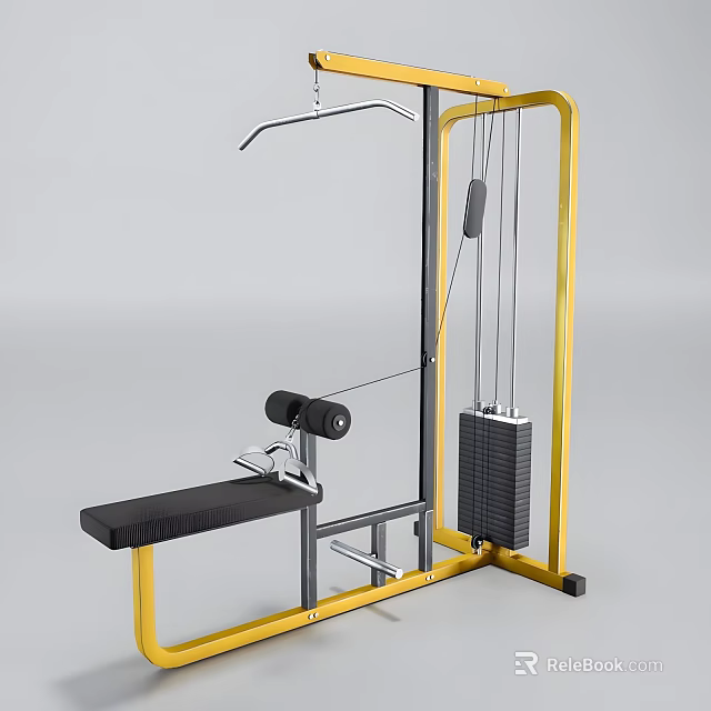 Professional Strength Training Sports Equipment With Yellow Frame Black Bench And Weight Stack Cables 3d model 