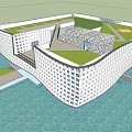 Modern Waterfront Building With White Grid Patterned Facade And Green Roof 3d model