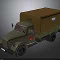 Military Green Truck With Brown Canvas Cover And Red Emblem On Side