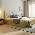 Double Bed Golden Frame Headboard Gray Checkered Pillows Bedside Tables Lamp Plant Rug Wall Art