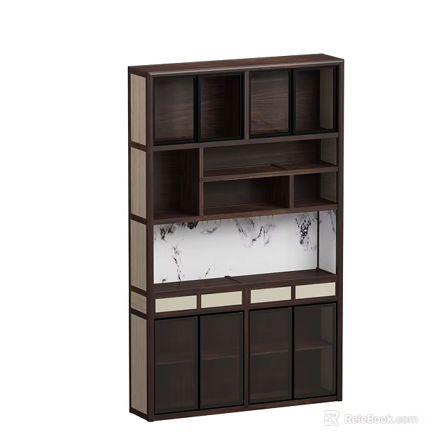 Modern Dark Brown Wine Cabinet With Multiple Compartments And Marble Pattern Panel 3d model 