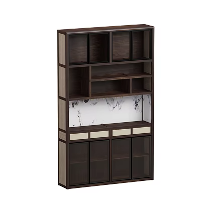 Modern Dark Brown Wine Cabinet With Multiple Compartments And Marble Pattern Panel 3d model
