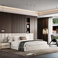 Modern Bedroom Interior Featuring White Upholstered Bed Dark Striped Walls And Large Window Green View