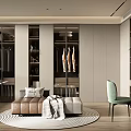 Modern Walk In Closet Interior Design With Hanging Clothes And Storage Cabinets