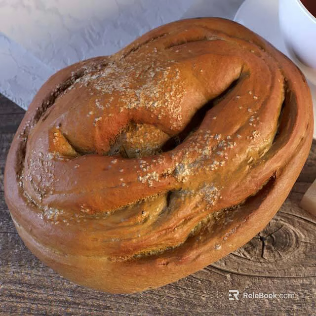 Freshly Baked Golden Braided Bread With Sesame Seeds On Wooden Serving Board 3d model 