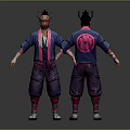 Stylized Fantasy Character And Creature Design With Horned Headpiece Blue Pink Outfit Back Circular Emblem