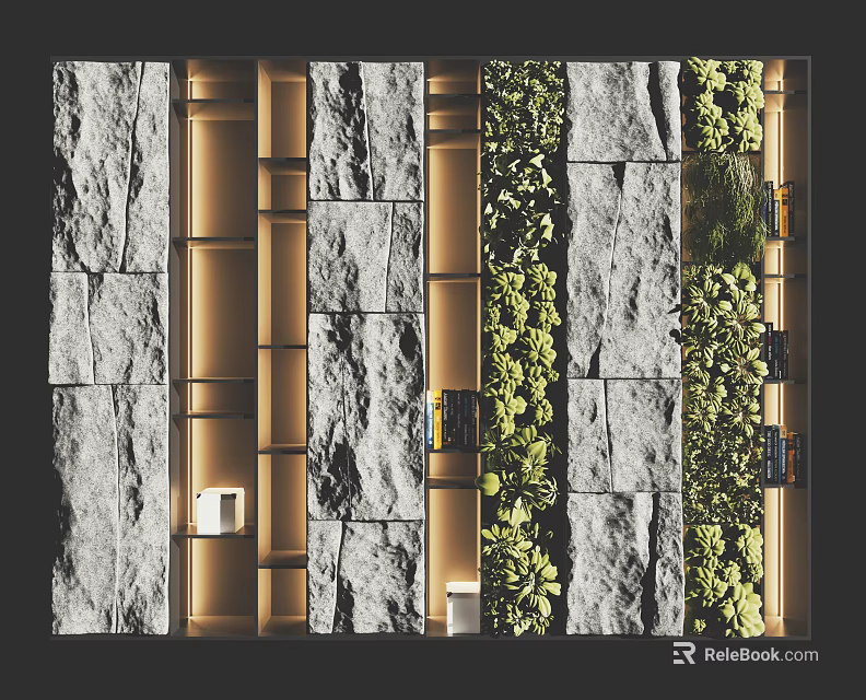 Modern Bookcase Interior Design With Stone And Wooden Open Shelves Decorative Green Plants 3d model 