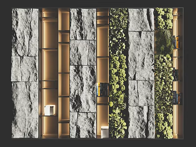 Modern Bookcase Interior Design With Stone And Wooden Open Shelves Decorative Green Plants 3d model