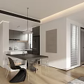 Modern Dining Kitchen Interior With Gray Cabinets Pendant Lights Dining Table And Chairs 3d model