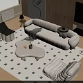 Modern Living Room With Beige Sofa And White Coffee Table Set Checkered Rug Line Art