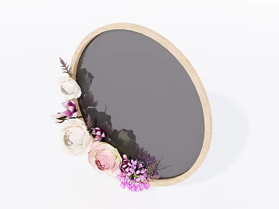 Oval Wooden Frame Mirror With White Pink Purple Floral Decoration For Home Decor 3d model