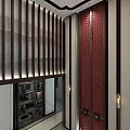 Elegant Modern Hotel Lobby Interior With Wooden Grille Wall And Symmetric Lighting Design