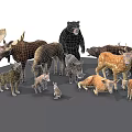 Various Wild Animal Figurines Including Bear Deer Moose And Pig On Black Background