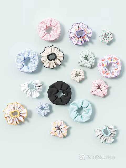 Vibrant Fabric Scrunchie Hair Accessories Collection With Various Patterns And Colors 3d model 