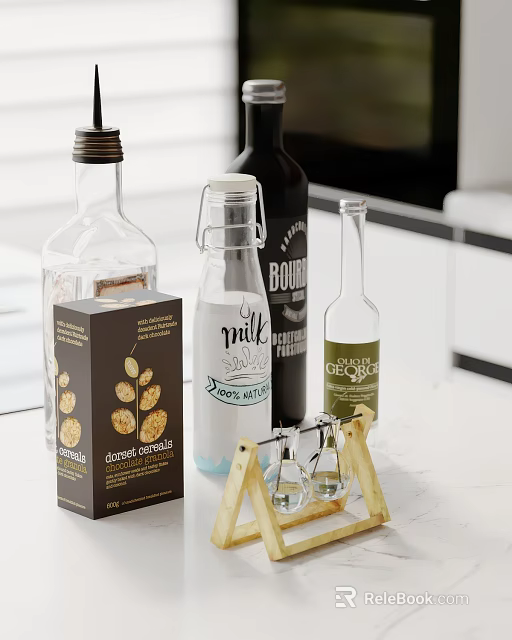 Kitchen Countertop With Bourbon Milk Bottles Chocolate Cookies And Cordial Ginger 3d model 