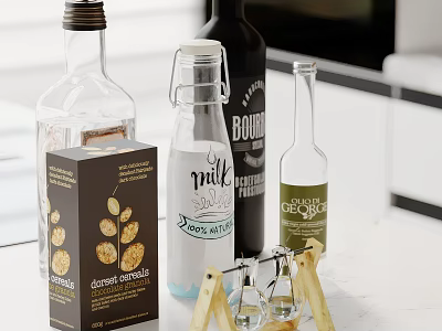 Kitchen Countertop With Bourbon Milk Bottles Chocolate Cookies And Cordial Ginger 3d model