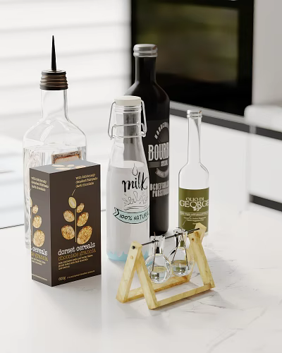 Kitchen Countertop With Bourbon Milk Bottles Chocolate Cookies And Cordial Ginger 3d model