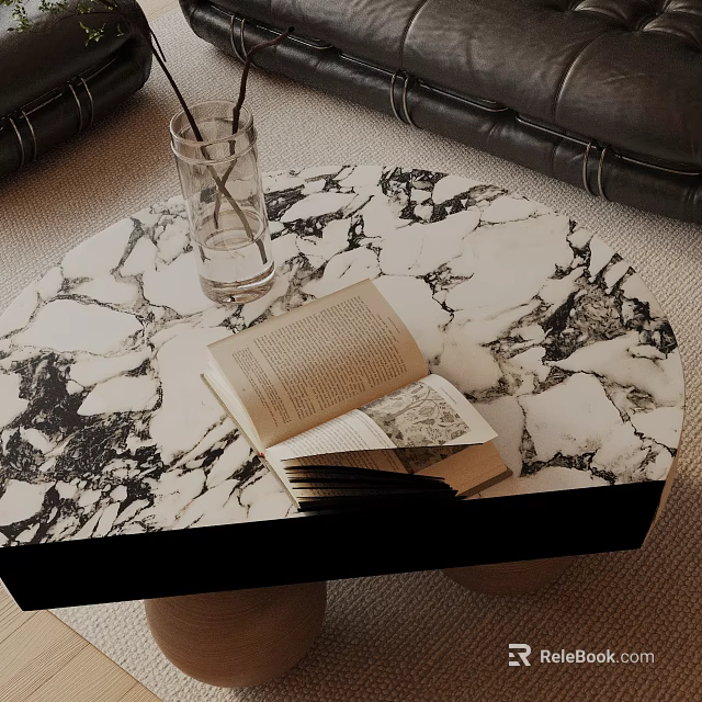 Leather Sofa Coffee Table Set With Marble Top And Open Book Glass Vase 3d model 