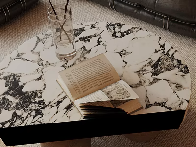 Leather Sofa Coffee Table Set With Marble Top And Open Book Glass Vase 3d model