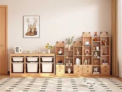 Wooden Decorative Cabinets With Open Shelves And Various Decorative Items In Cozy Interior 3d model
