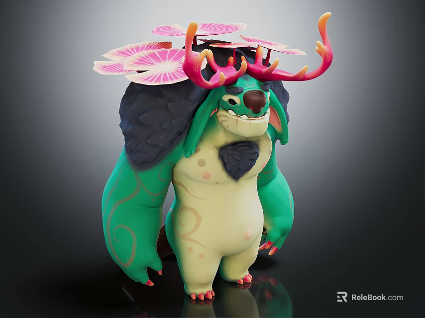Fantasy Creature Character With Green Body Yellow Belly Antlers Pink Flowers Green Patterns And Sunglasses 3d model 
