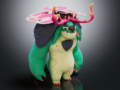 Fantasy Creature Character With Green Body Yellow Belly Antlers Pink Flowers Green Patterns And Sunglasses 3d model