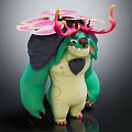 Fantasy Creature Character With Green Body Yellow Belly Antlers Pink Flowers Green Patterns And Sunglasses