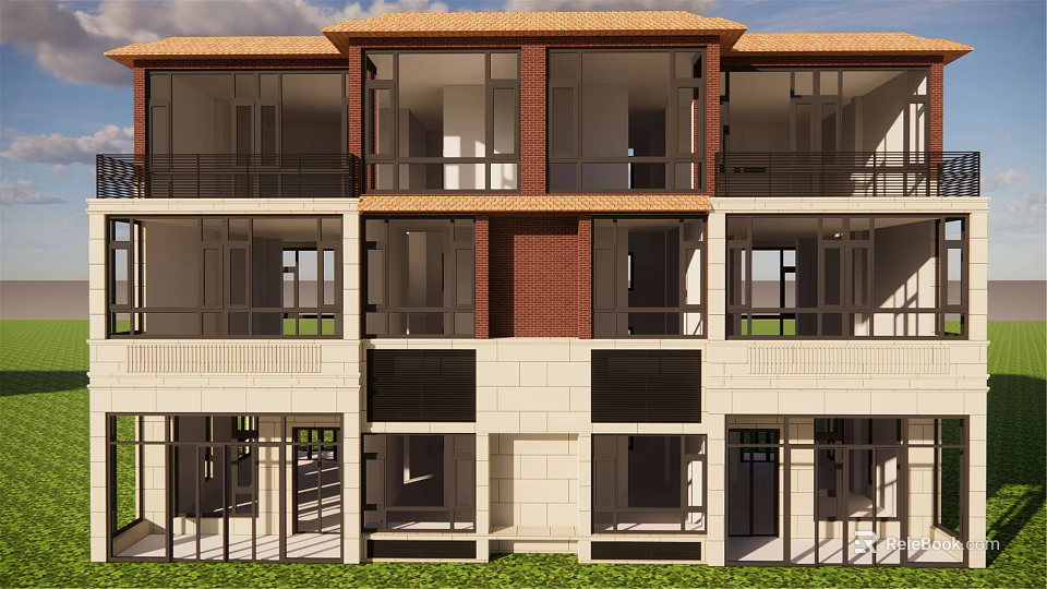 Modern Duplex Villa Exterior Design With Brick Stone Windows And Balconies 3d model 