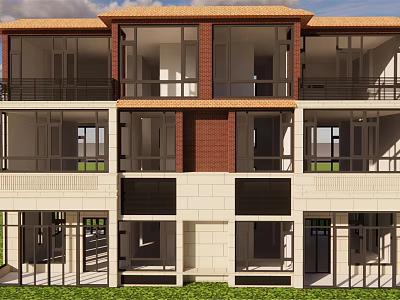 Modern Duplex Villa Exterior Design With Brick Stone Windows And Balconies 3d model