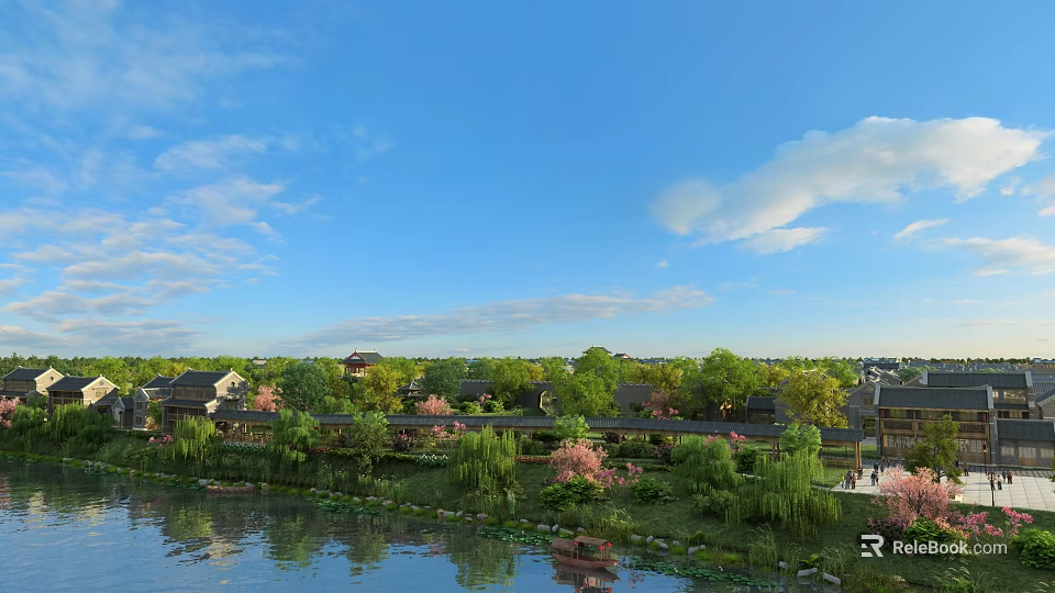 Scenic Park Landscape With Lake Willow Trees Flowering Plants And Traditional Buildings Under Blue Sky 3d model 