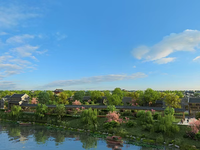 Scenic Park Landscape With Lake Willow Trees Flowering Plants And Traditional Buildings Under Blue Sky 3d model