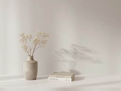 Minimalist Bonsai Plant with Light Gray Vase Cereal Book and Beige Wall Background 3d model