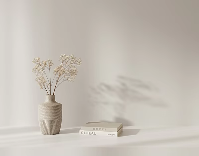 Minimalist Bonsai Plant with Light Gray Vase Cereal Book and Beige Wall Background 3d model