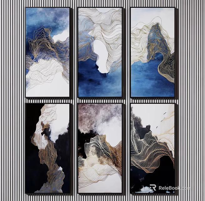 Abstract Blue And Gold Wall Art With Wavy Patterns For Home Decor 3d model