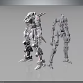 Two White Mechanical Robots in Standing Pose with Intricate Joints on Black Reflective Background 3d model