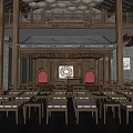 Ancient Chinese Architecture Hall Interior With Traditional Wooden Beams Red Screens And Arranged Chairs