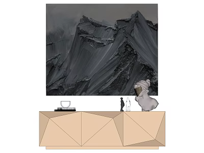 Abstract Mountainous Painting In Monochrome Tones With Geometric Beige Cabinet And Decorative Ornaments 3d model