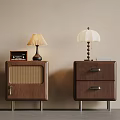 Wooden Bedside Tables Design With Table Lamps Woven Panel Drawers Photo Frame And Books