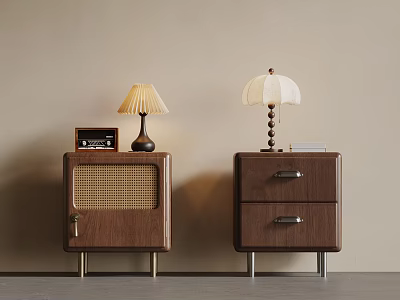 Wooden Bedside Tables Design With Table Lamps Woven Panel Drawers Photo Frame And Books 3d model