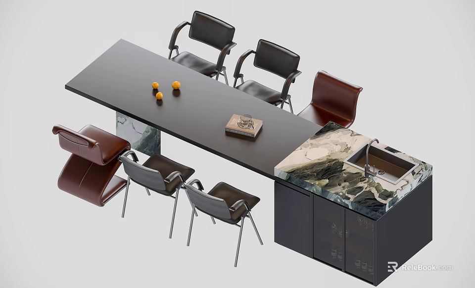 Modern Dining Table Set With Black Brown Chairs And Marble Stone Tabletop Cabinet 3d model 