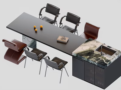 Modern Dining Table Set With Black Brown Chairs And Marble Stone Tabletop Cabinet 3d model