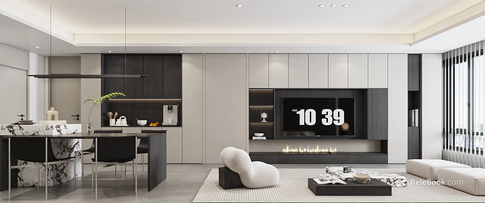 Modern Living Dining Room Interior Design With TV Wall Cozy Sofa And Dining Furniture 3d model 