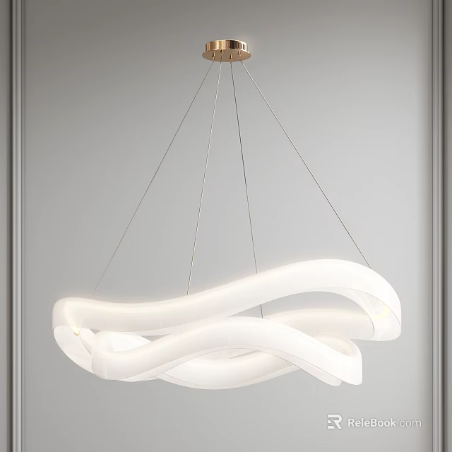 Modern White Twisted Chandelier Suspended With Metal Wires Against Gray Wall 3d model 