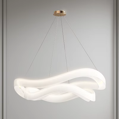 Modern White Twisted Chandelier Suspended With Metal Wires Against Gray Wall 3d model