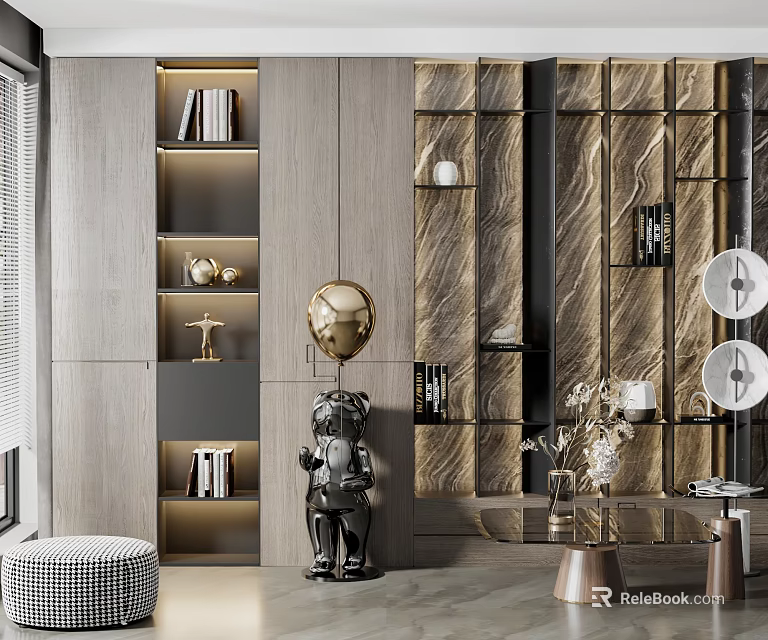 Modern Decorative Cabinet With Books Golden Spherical Ornament Black Sculpture And Wooden Texture Wall 3d model 