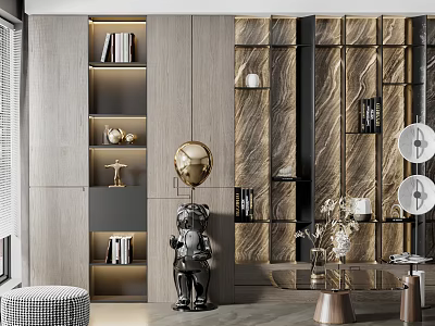 Modern Decorative Cabinet With Books Golden Spherical Ornament Black Sculpture And Wooden Texture Wall 3d model