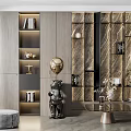 Modern Decorative Cabinet With Books Golden Spherical Ornament Black Sculpture And Wooden Texture Wall