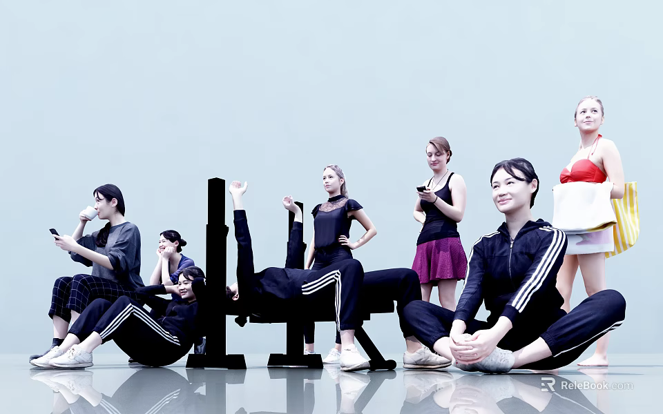 Women in Active Wear Stretching and Resting in Indoor Group Setting 3d model 