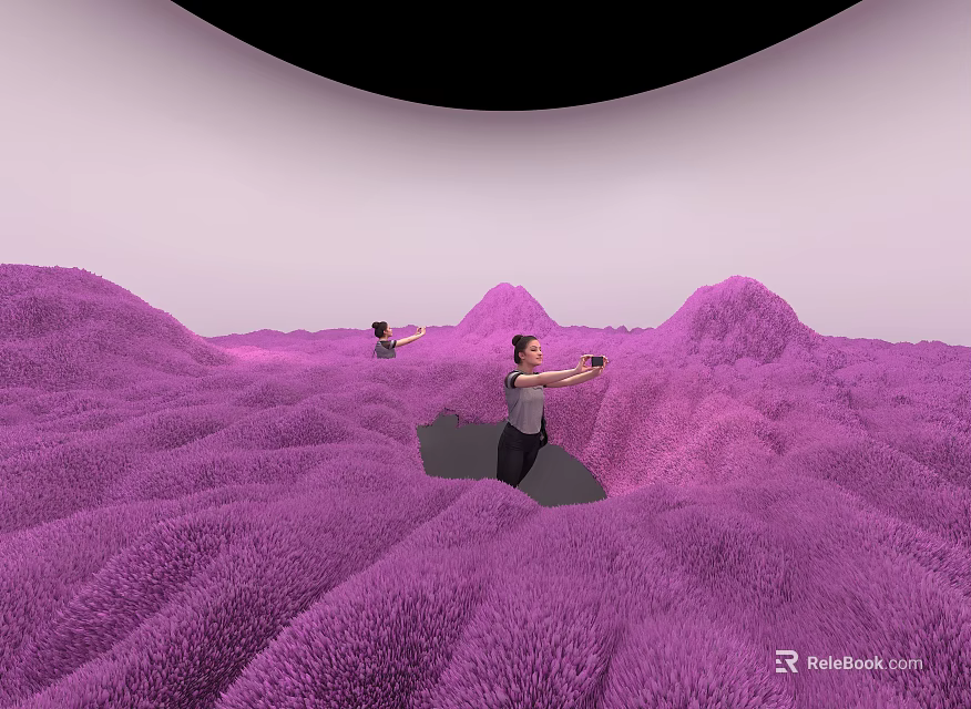 Vibrant Purple Textured Hilly Art Installation With People Exploring And Black Semi Circle 3d model 
