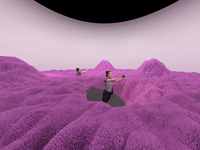 Vibrant Purple Textured Hilly Art Installation With People Exploring And Black Semi Circle 3d model